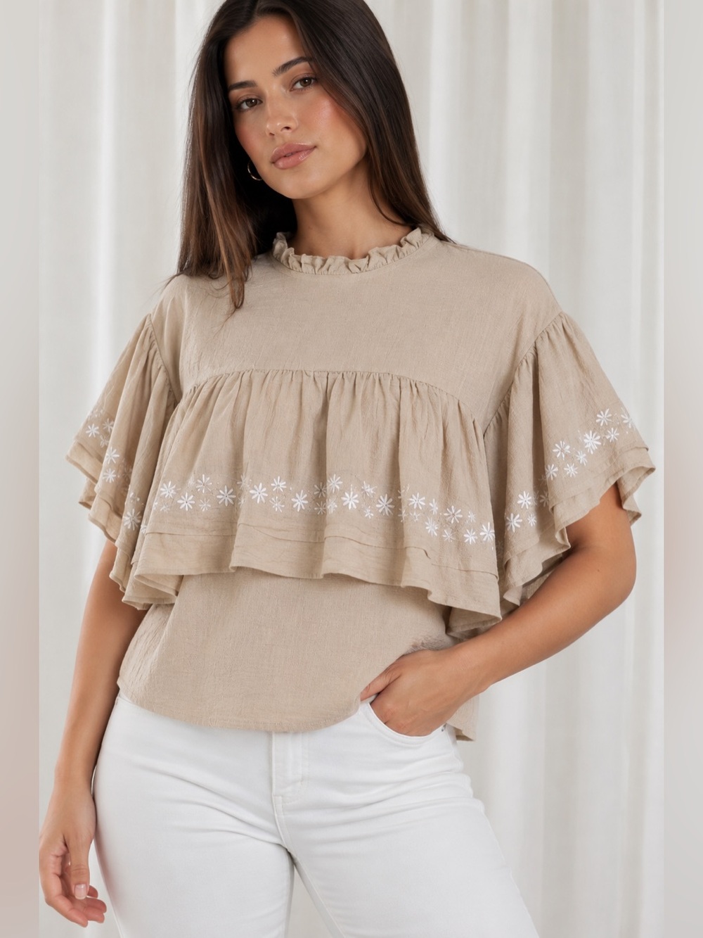 Listicle alisha ruffle sleeve top natural linen beige oatmeal cream color